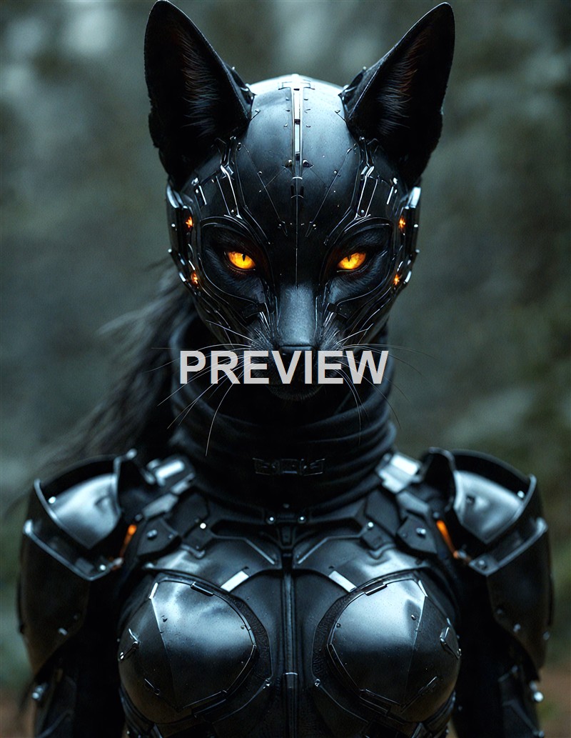 A black anthropomorphic cat wearing advanced, futuristic armor with glowing orange eyes and a sleek, high-tech design.